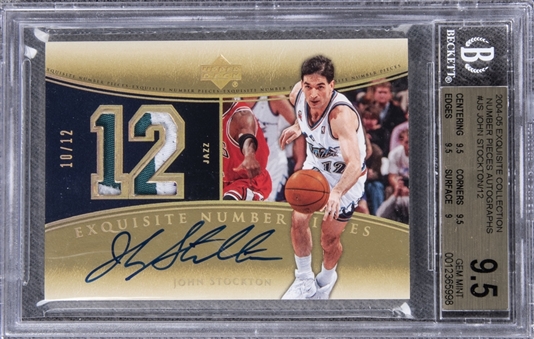 2004-05 UD "Exquisite Collection" Exquisite Number Pieces #JS John Stockton Signed Game Used Patch Card (#10/12) – BGS GEM MINT 9.5/BGS 10 